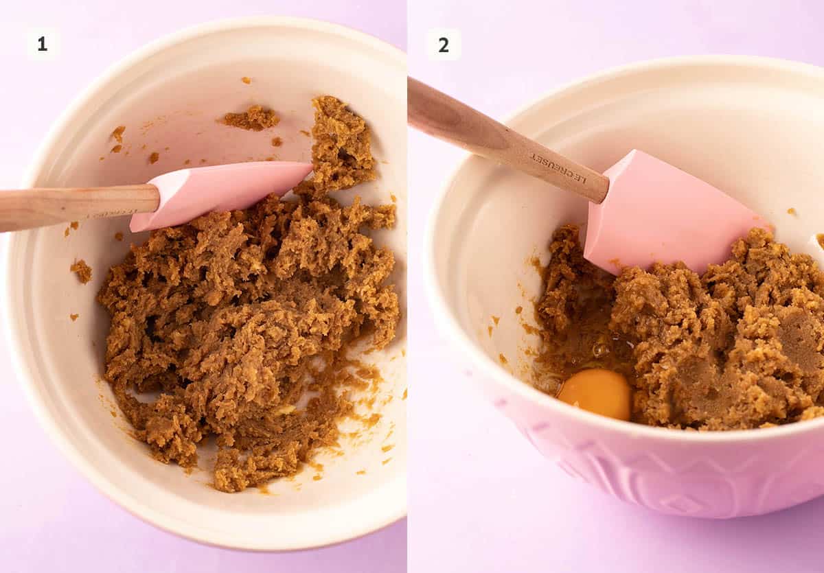 A large mixing bowl filled with butter and sugar. 