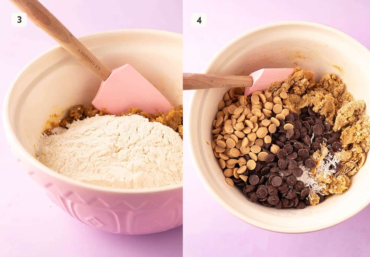 Step by step photos showing how to mix in the flour and chocolate chips.
