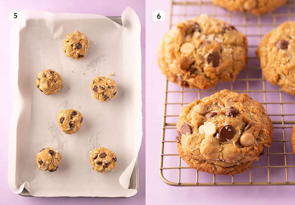 Cookie dough balls before and after being baked in the oven.