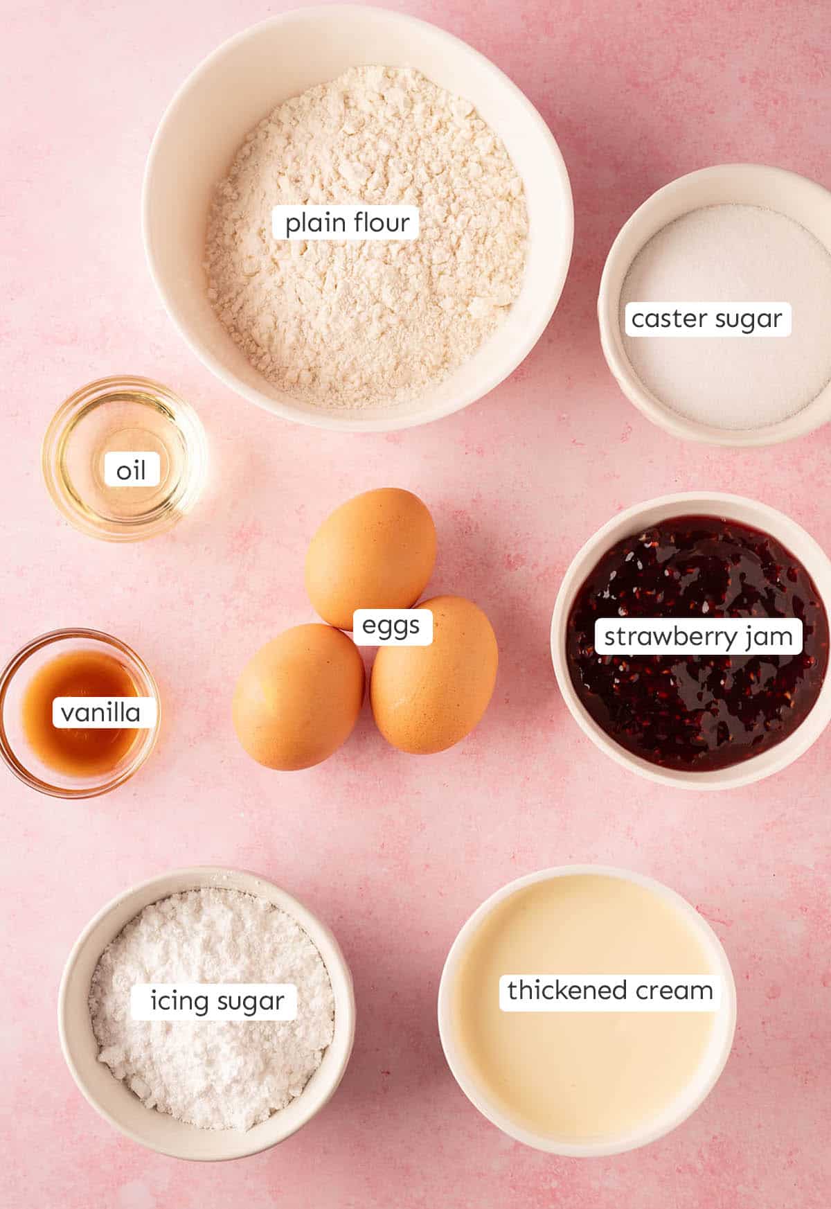 Top view of all the ingredients needed to make a Vanilla Cake Roll from scratch.