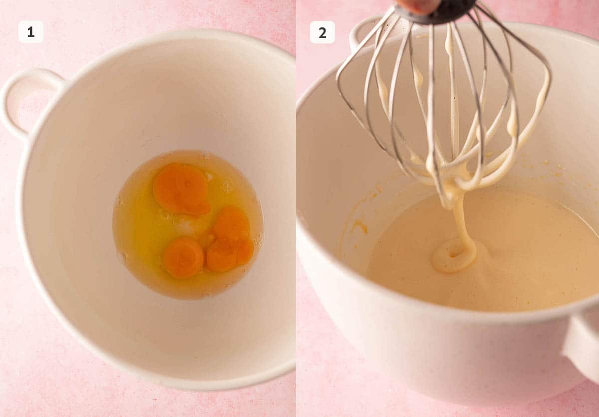 Step by step photos showing how to whisk eggs until they reach ribbon stage.