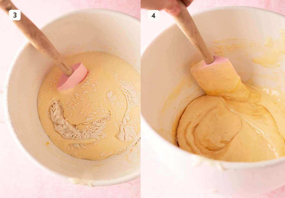 Step by step photos showing how to add flour, vanilla and oil to egg mixture. 