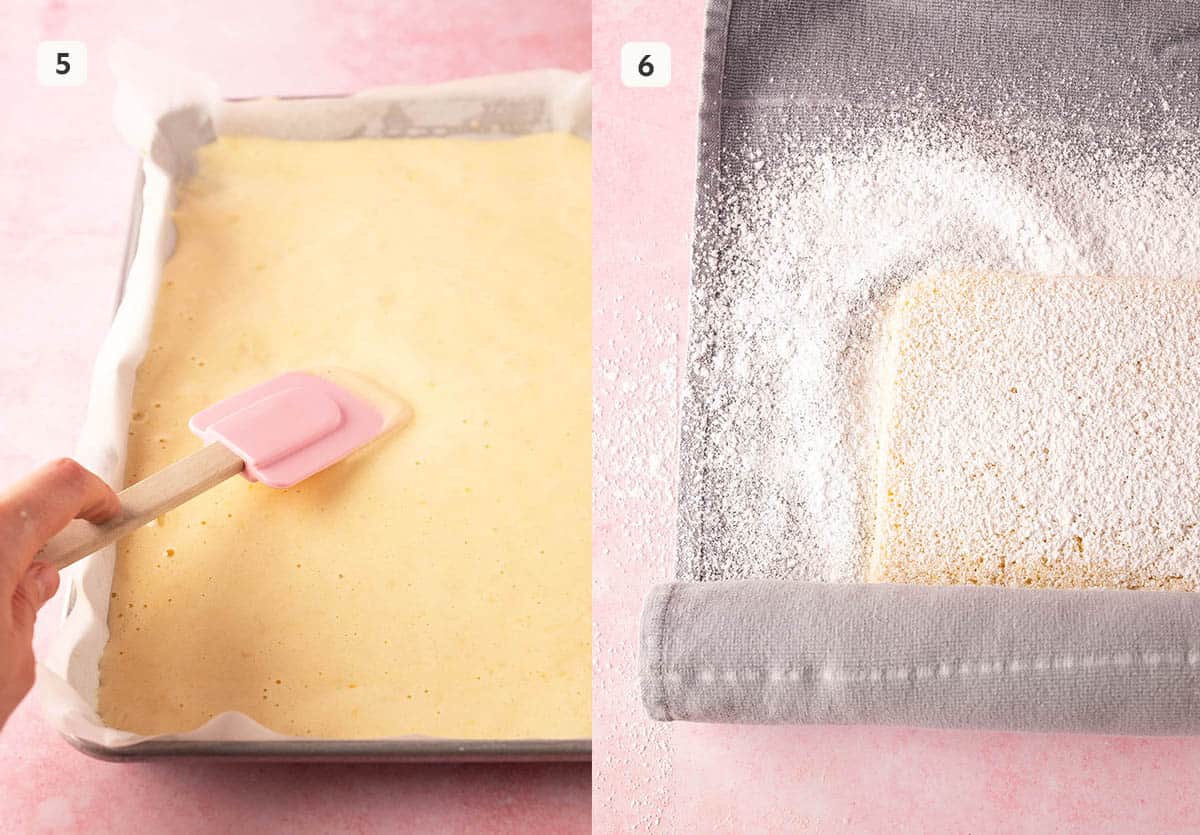 Showing cake roll before baked and after being rolled in a tea towel.