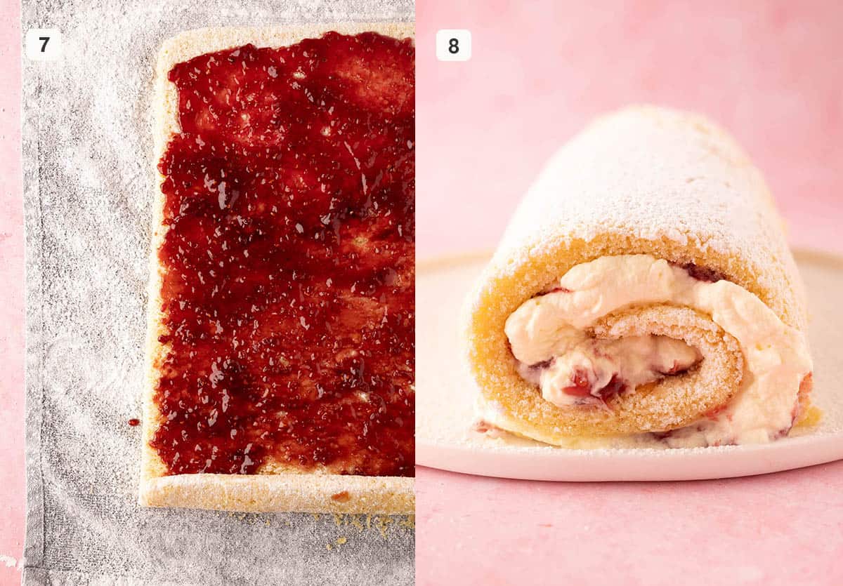 Adding jam and cream to vanilla cake roll.