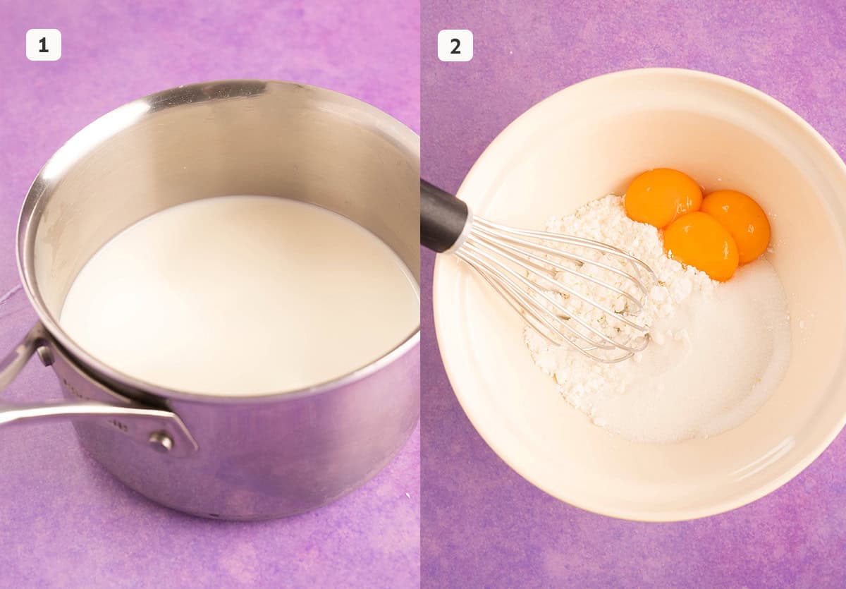 Step by step photos showing how to heat milk in preparation for homemade custard. 