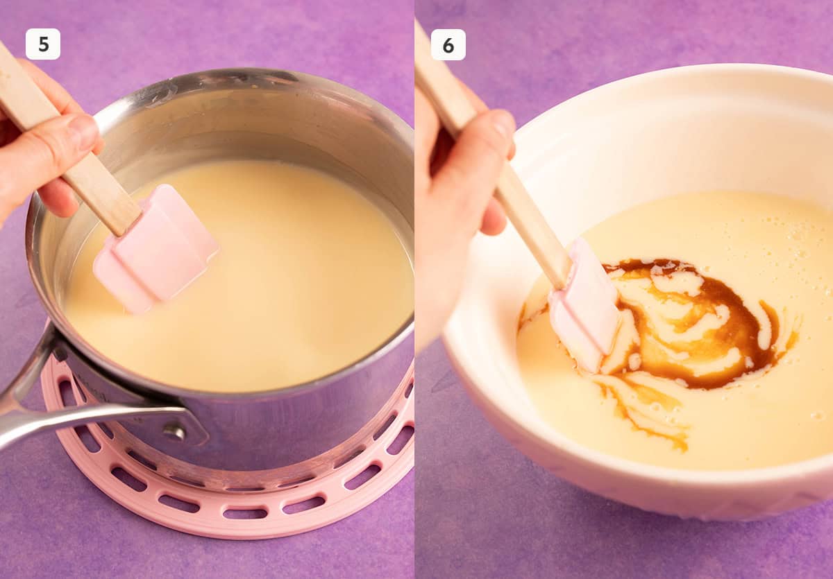 The final stages of cooking custard, and adding vanilla extract.