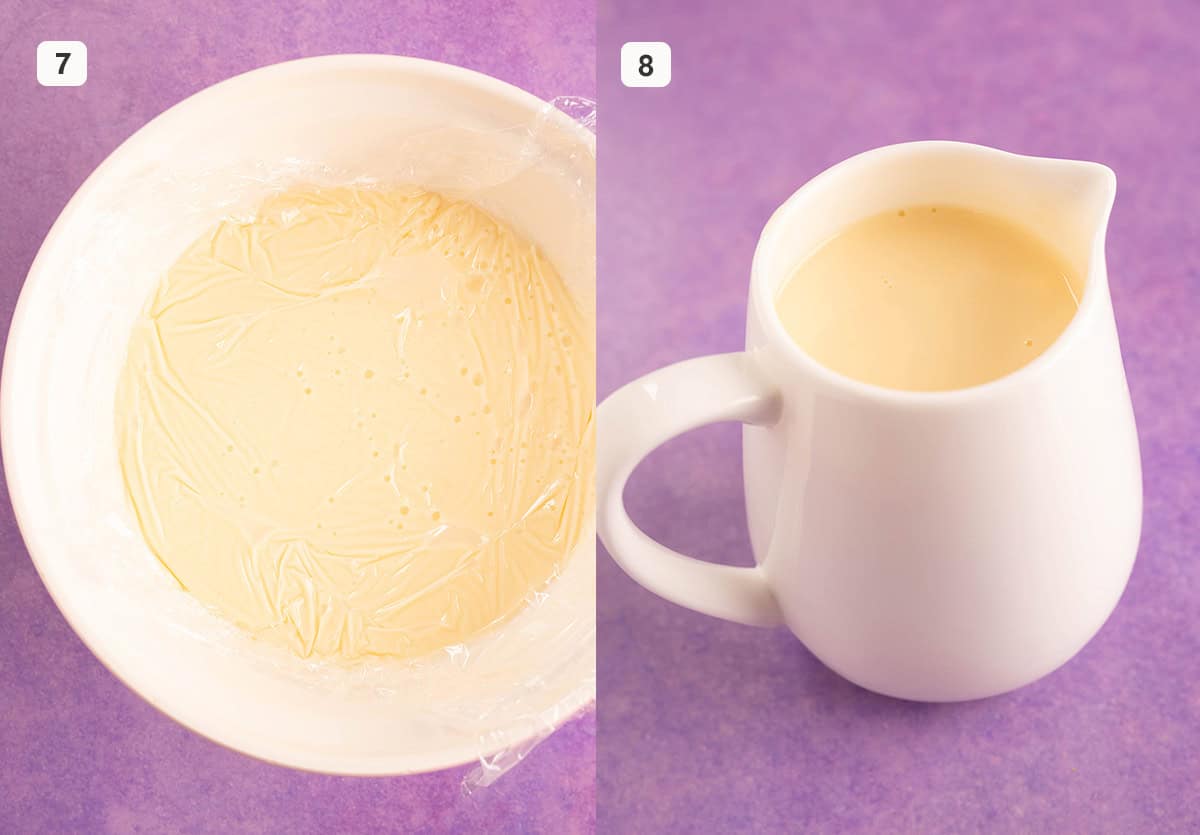 A mixing bowl filled with custard and covered in plastic wrap. 