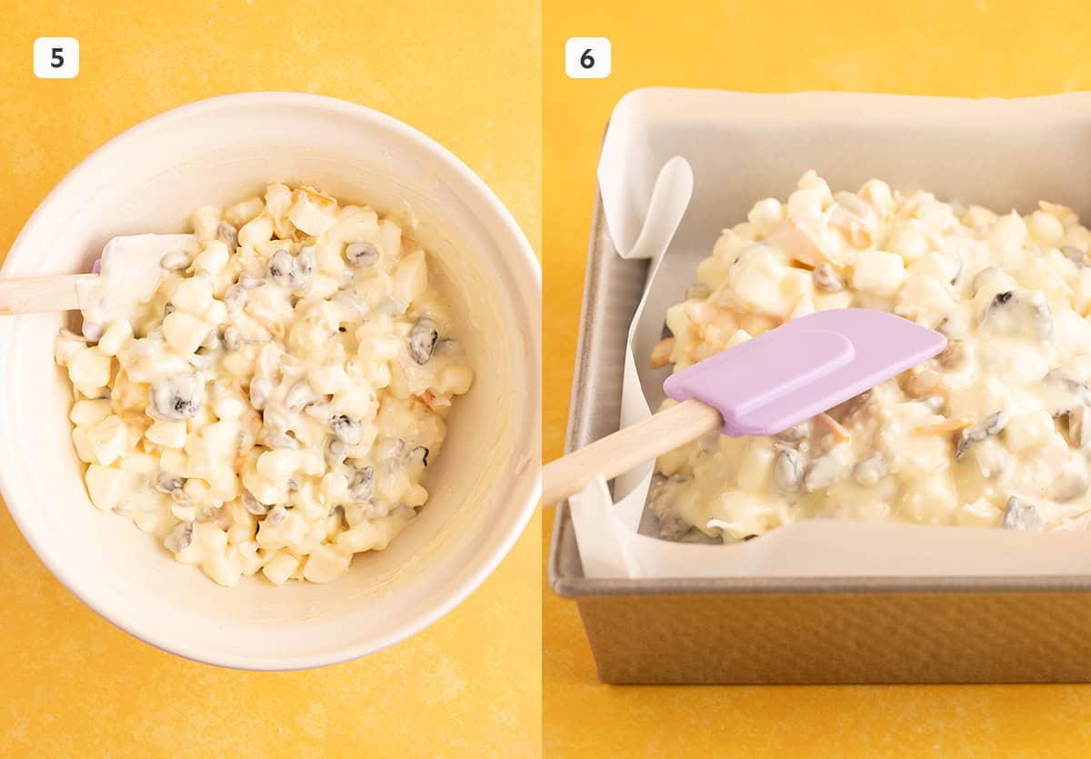 Adding rocky road mixture to a baking pan and flattening it out using a purple spatula.