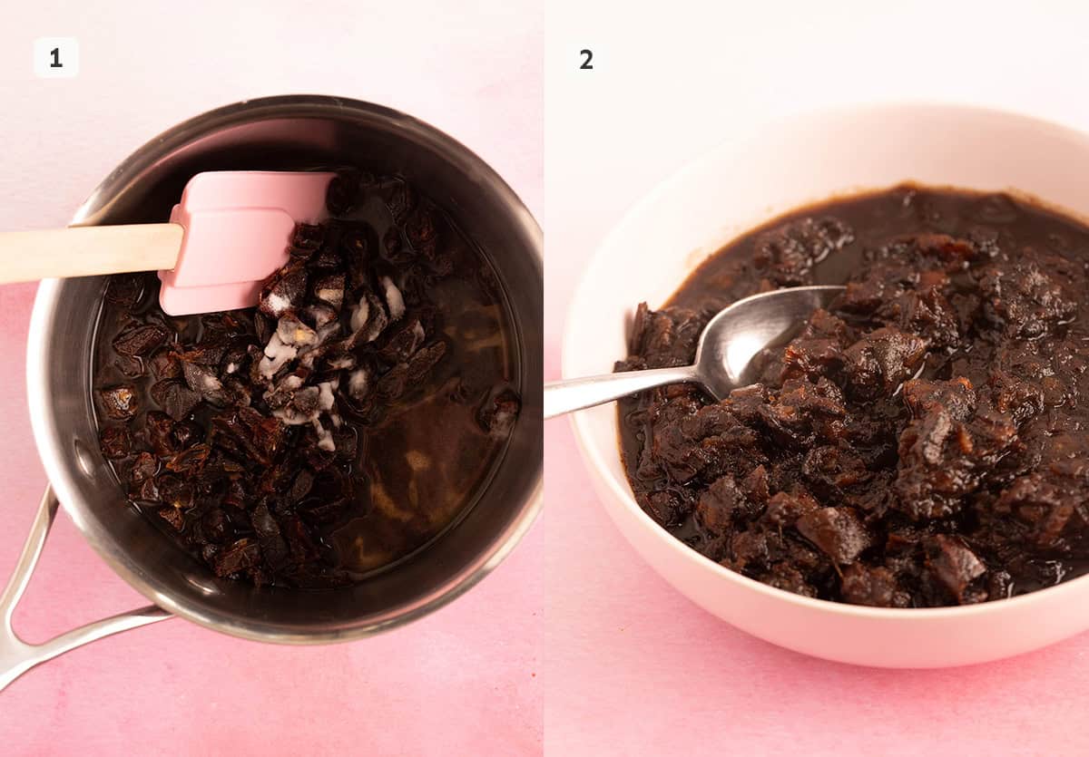 A saucepan of gooey dates broken down to make sticky date. 