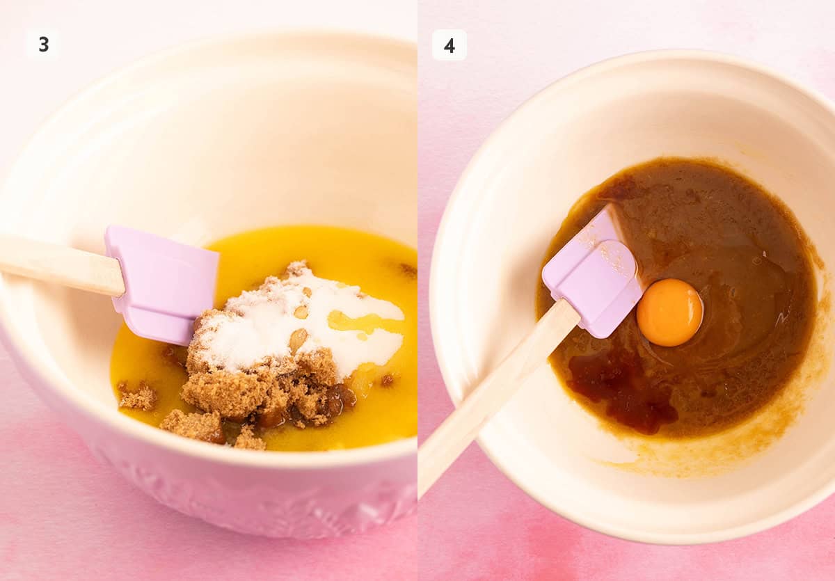 Step by step photos showing how to mix butter, sugar and eggs. 