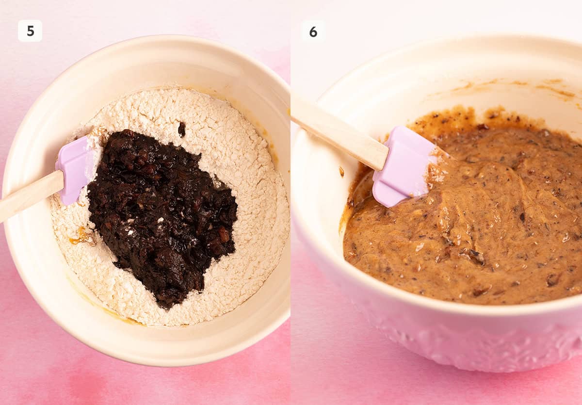 A beautiful mixing bowl filled with flour and date mixture. 