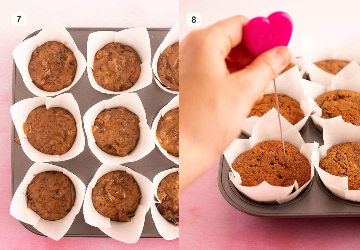 A muffin pan filled with sticky date batter. 