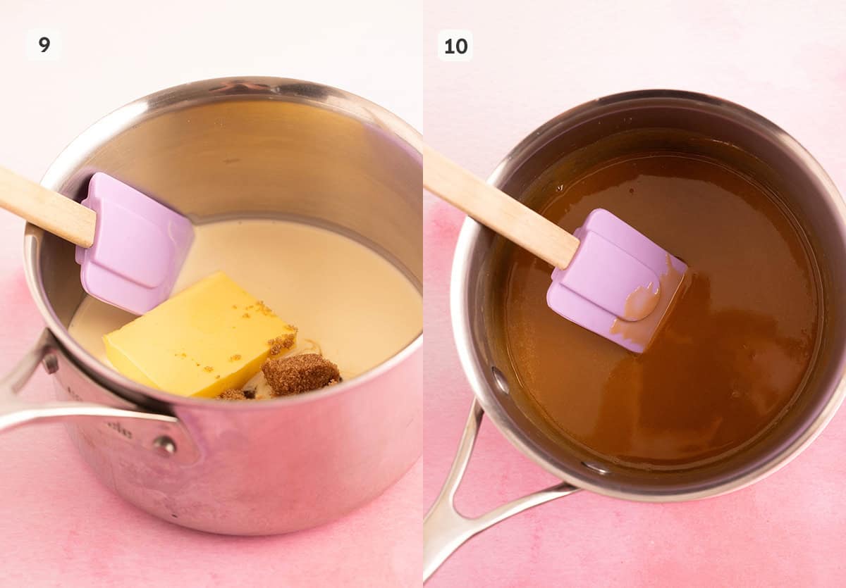 A saucepan filled with homemade caramel sauce. 