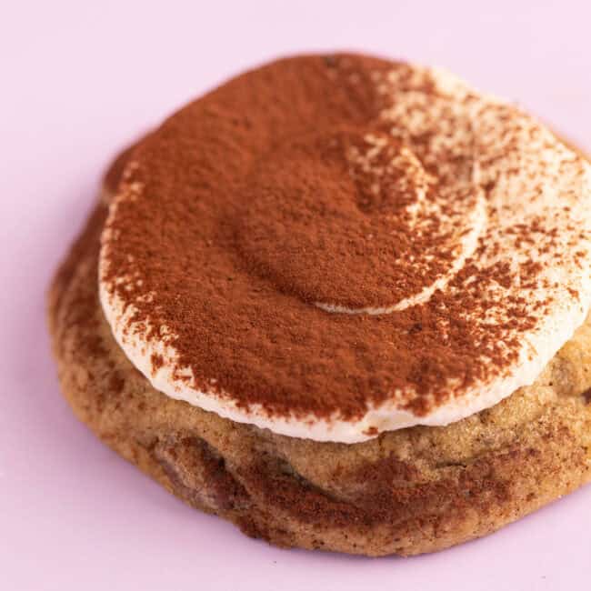 Close up of a beautiful Tiramisu Cookie dusted with cocoa powder.