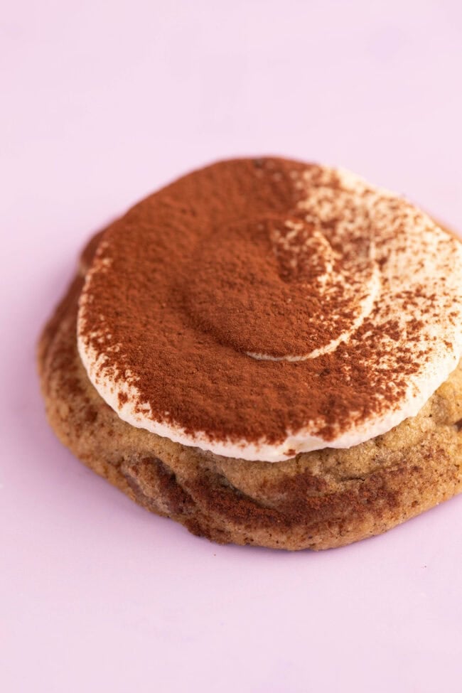 Close up of a beautiful Tiramisu Cookie dusted with cocoa powder.