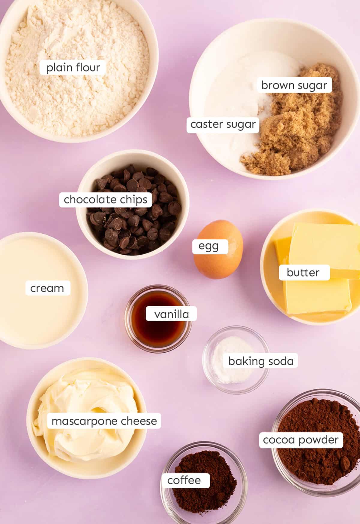 Top view of all the ingredients needed to make Tiramisu Cookies from scratch.