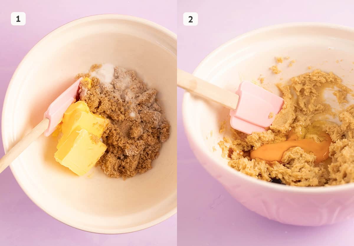A big mixing bowl filled with butter and sugar ready to make cookies. 