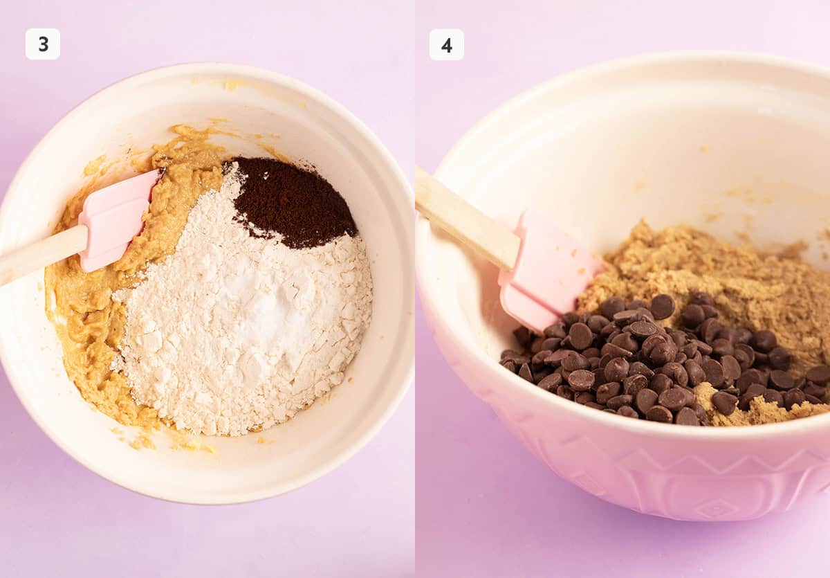 Photo tutorial showing how to add flour and coffee to make cookies from scratch. 