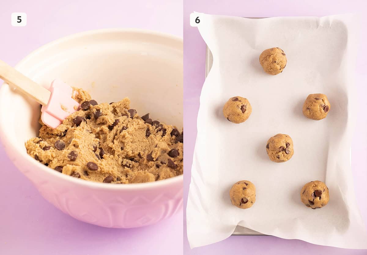 A big bowl of homemade chocolate chip cookie dough ready to roll.