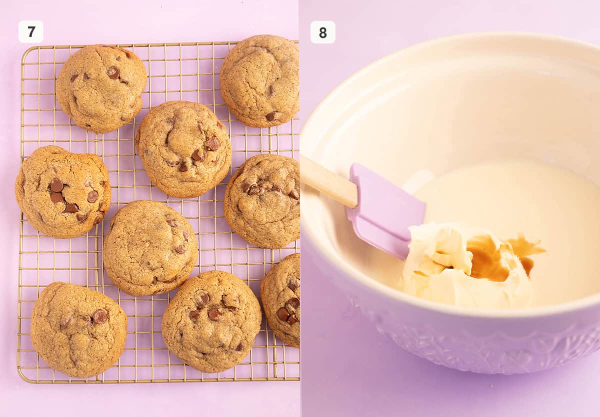 Cookies cooling on a gold wire rack.