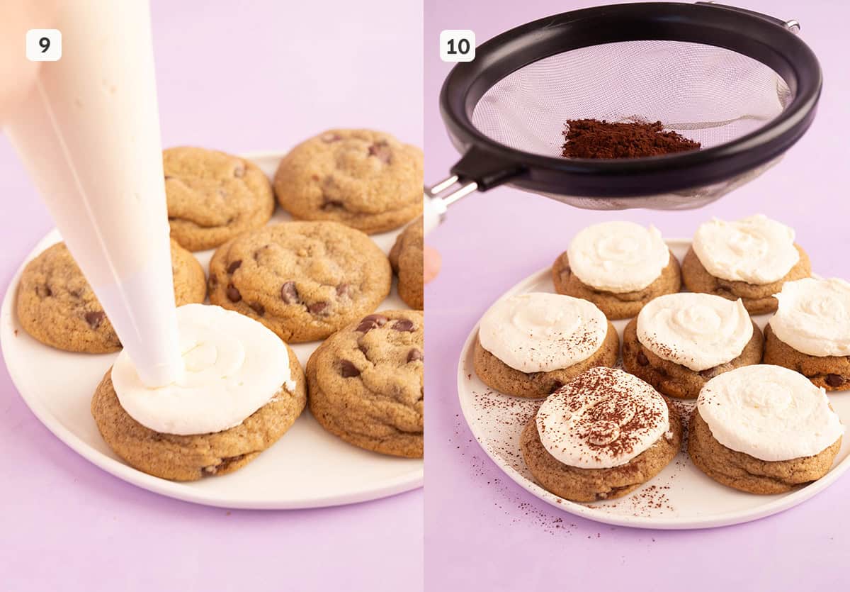 Frosted homemade cookies with mascarpone cream and dusting with cocoa powder. 
