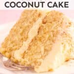 Beautiful slice of lemon coconut cake on a pink backdrop