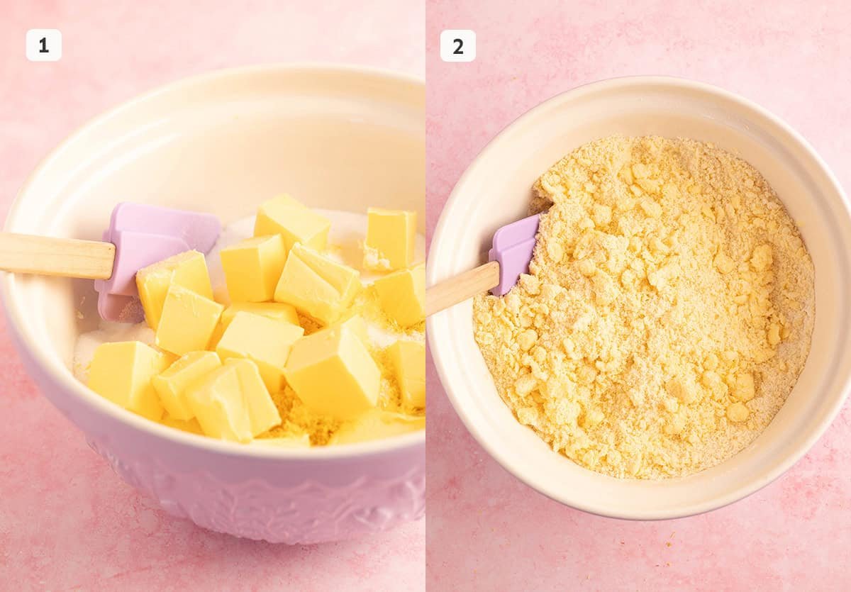 Photo tutorial showing how to mix butter into the dry ingredients for the reverse creaming method.