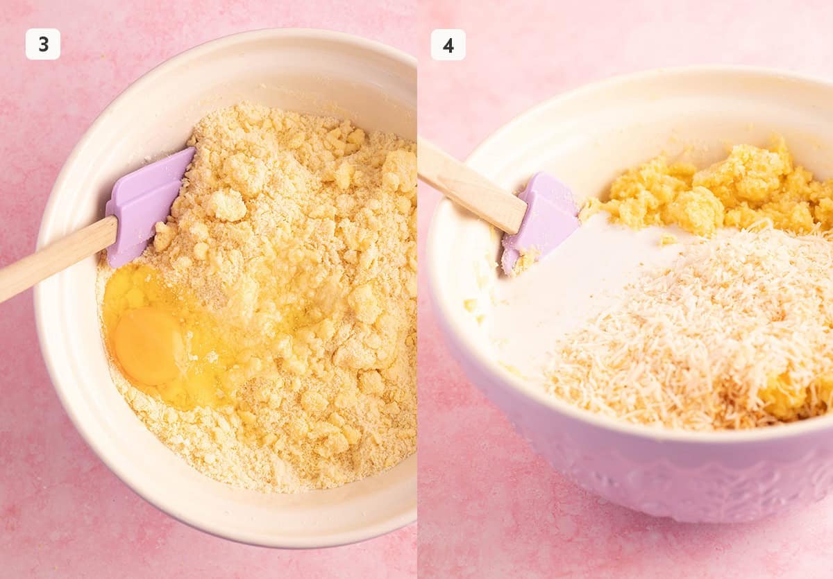 Large mixing bowl showing how to add eggs and wet ingredients into butter mixture. 