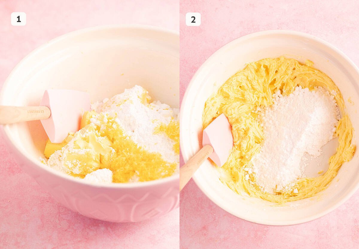 A large mixing bowl filled with butter and icing sugar. 