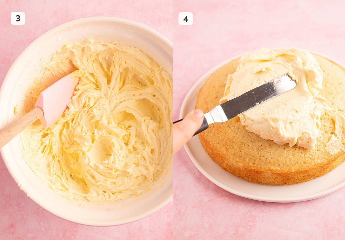 Creamy lemon buttercream in a mixing bowl and being spread onto a cooled cake.