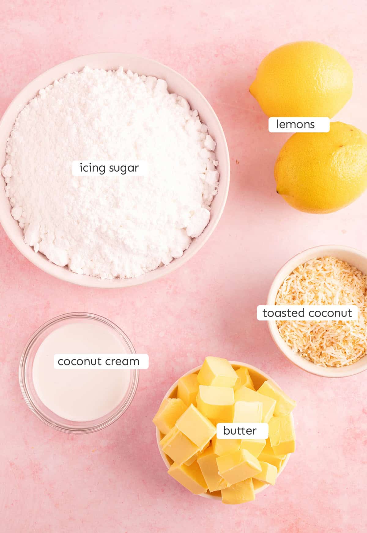 All the ingredients needed to make lemon coconut buttercream from scratch.