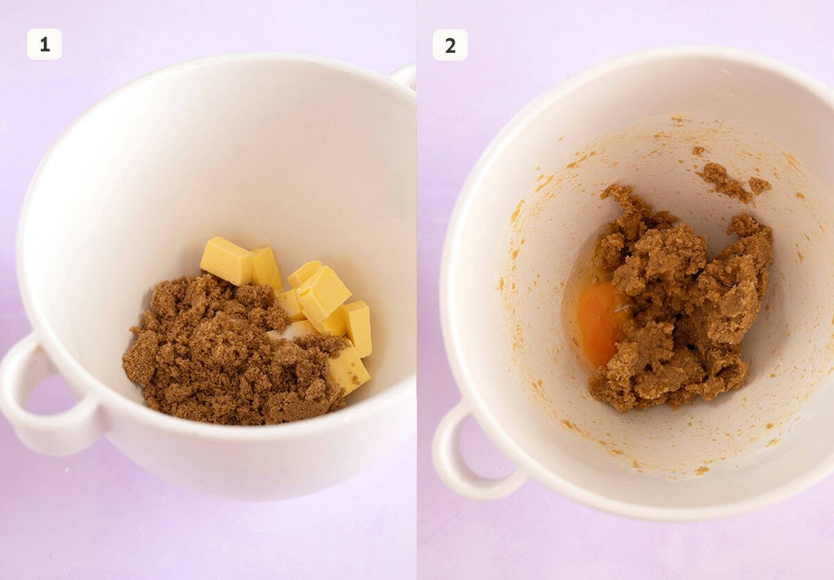 Step by step photos showing how to mix butter and sugar.