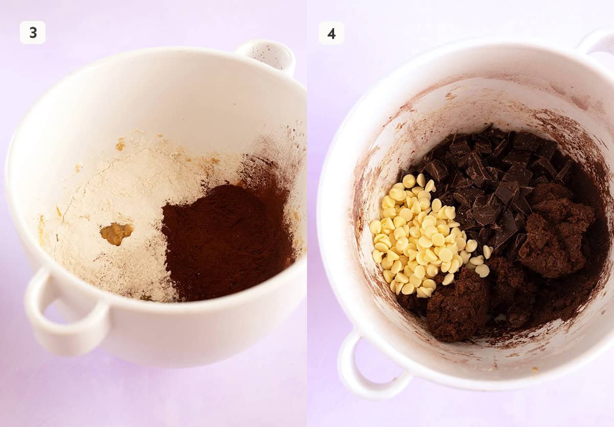 Photo tutorial showing how to add dry ingredients to make a chocolate cookie dough.