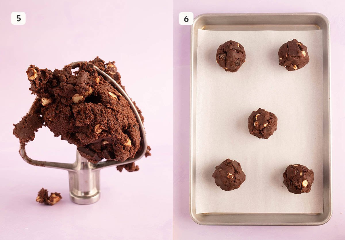 Step by step photos showing how to roll cookie dough to make thick cookies.