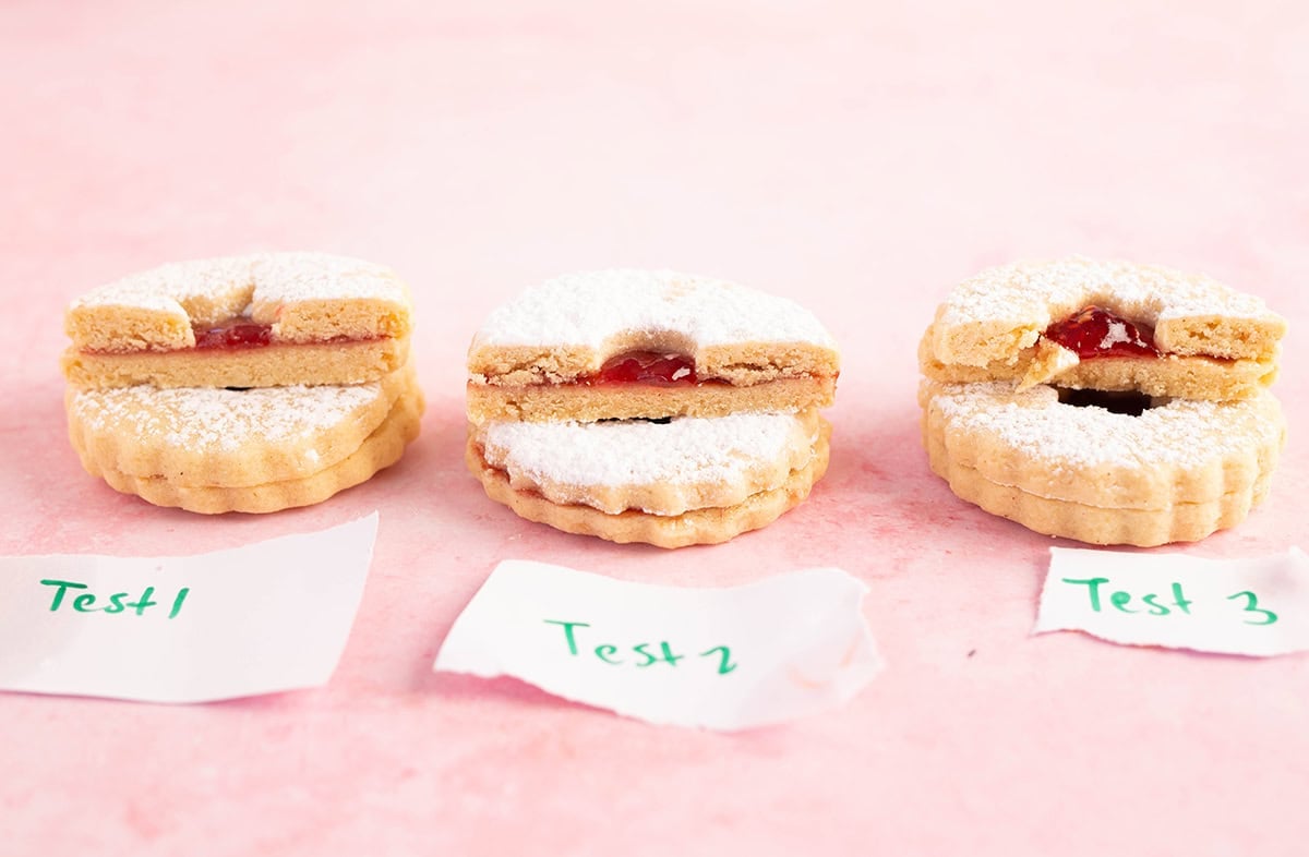 Different versions of Linzer Cookies for Jess's recipe testing.