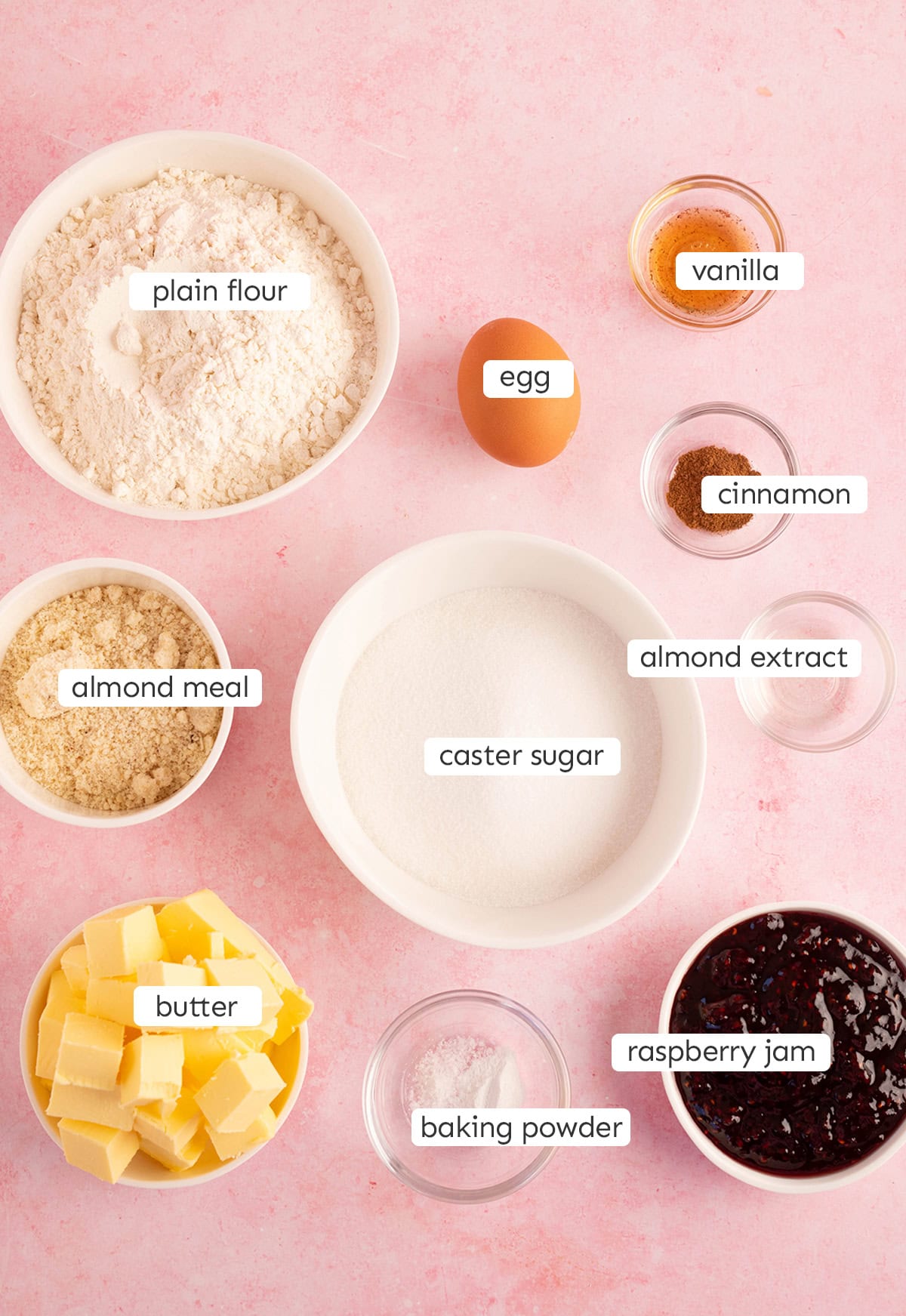 All the ingredients needed for making Linzer Cookies from scratch.