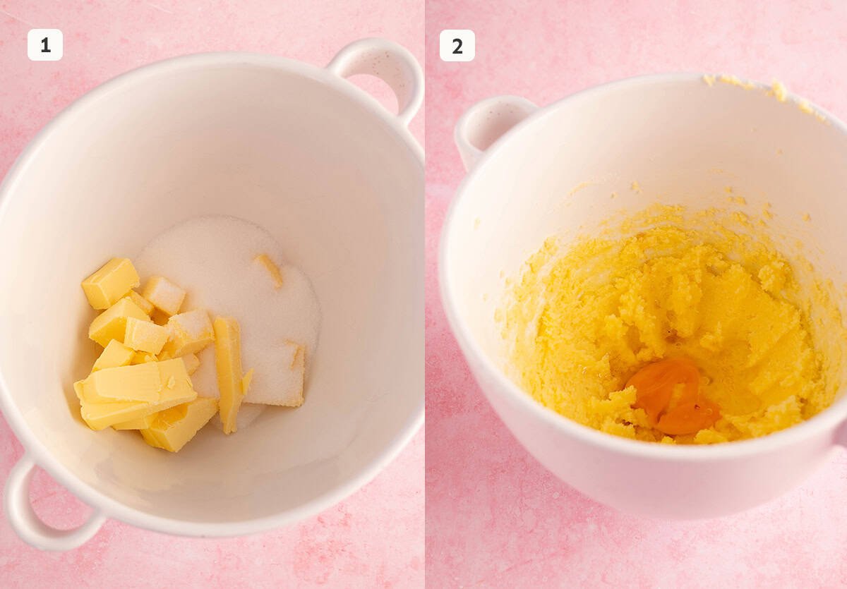 Step by step instructions showing how to mix together the butter and sugar.