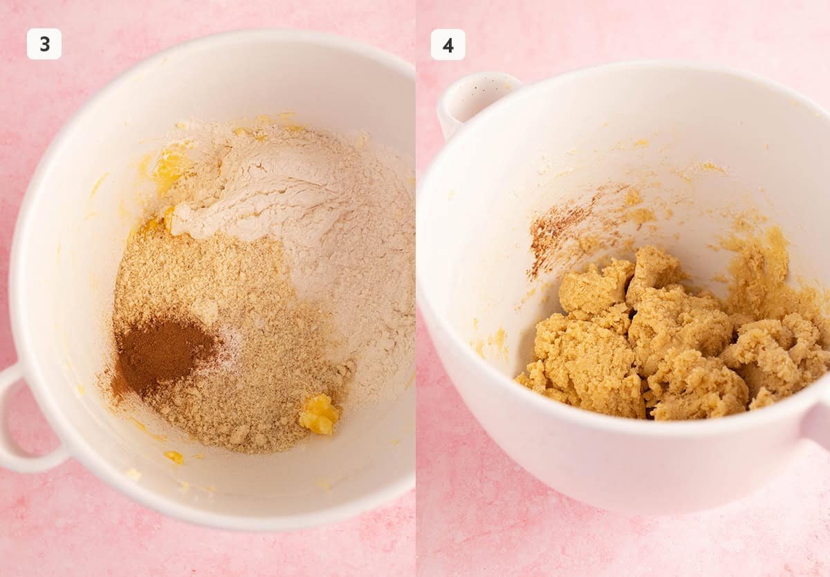 Photo tutorial showing how to add dry ingredients to make almond cookie dough.