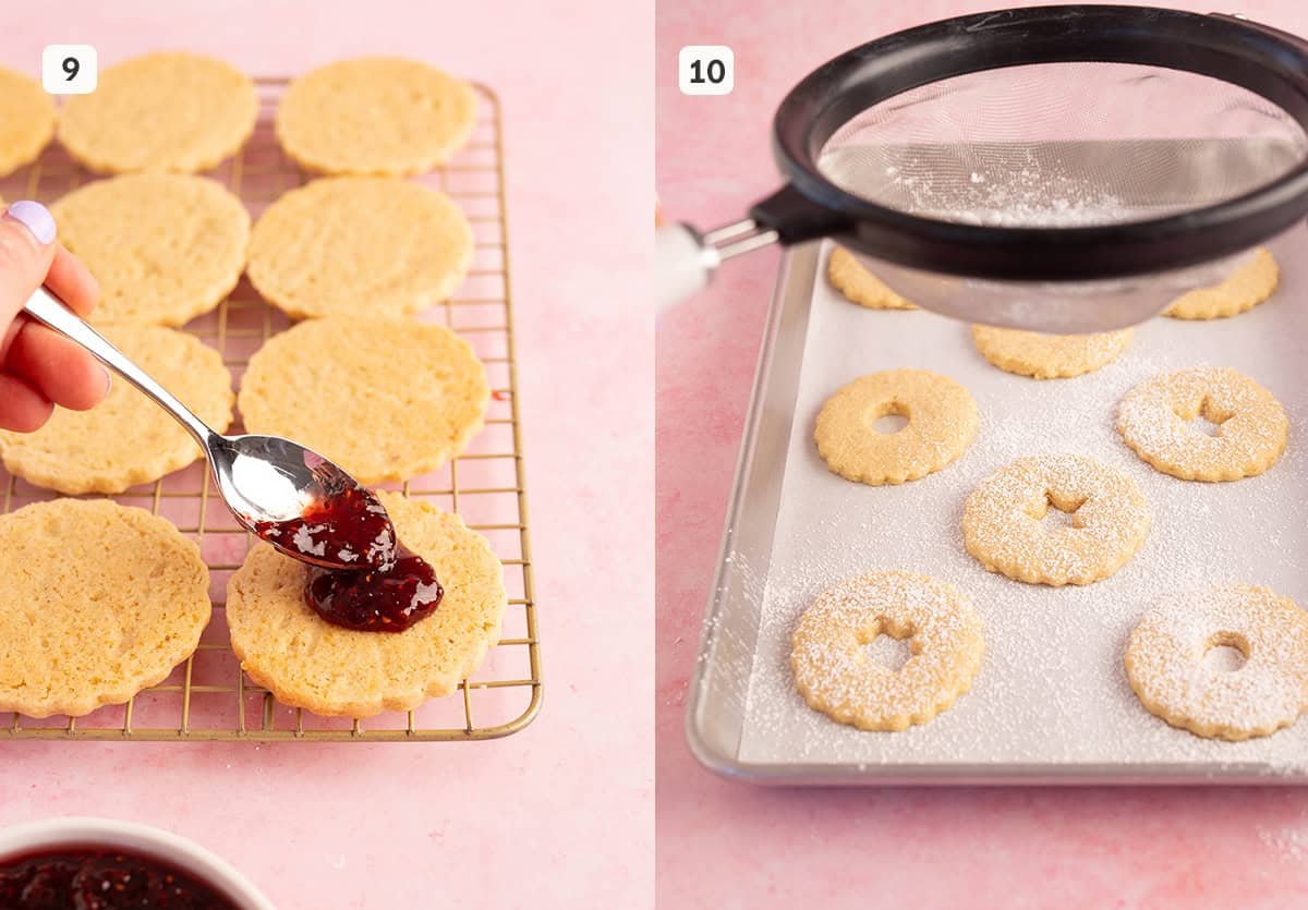 Photo tutorial showing how to add jam and sugar to Linzer Cookies.
