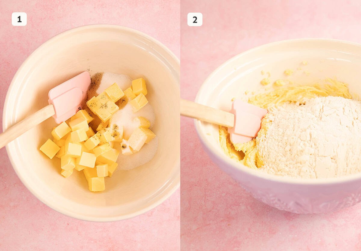 Photo tutorial showing how to mix butter and sugar for shortbread cookies. 
