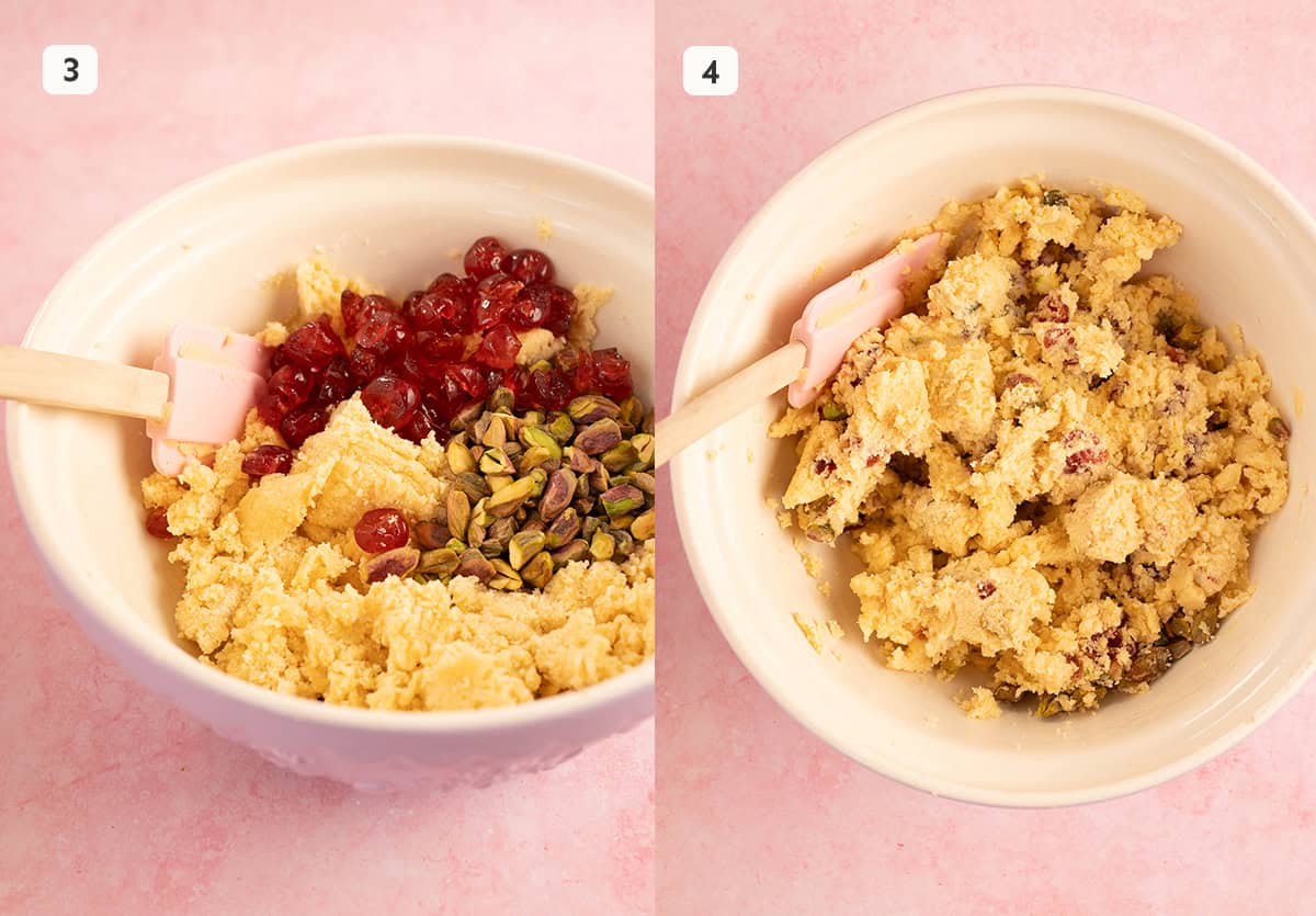 Cookie dough with cherries and pistachio added. 