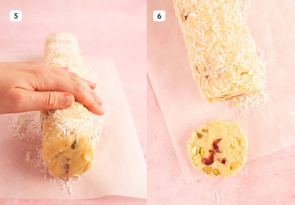 Photo tutorial showing how to roll and coat Santa's Whiskers Cookies in coconut. 