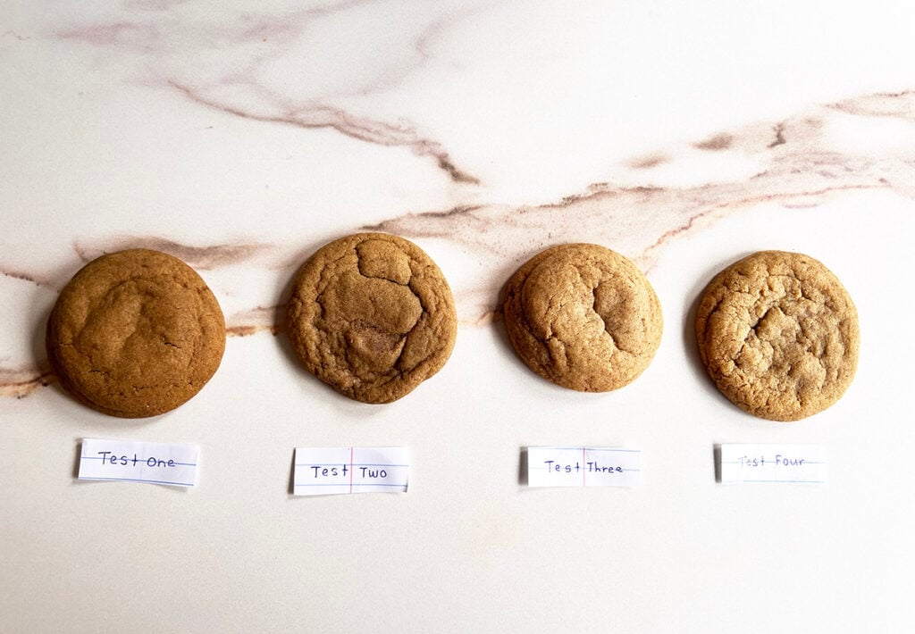 Four different cookies showing the recipe testing process of Jessica Holmes.