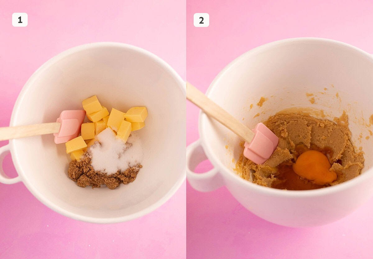 Step by step photos showing how to cream the butter and sugar for gingerbread cookies.