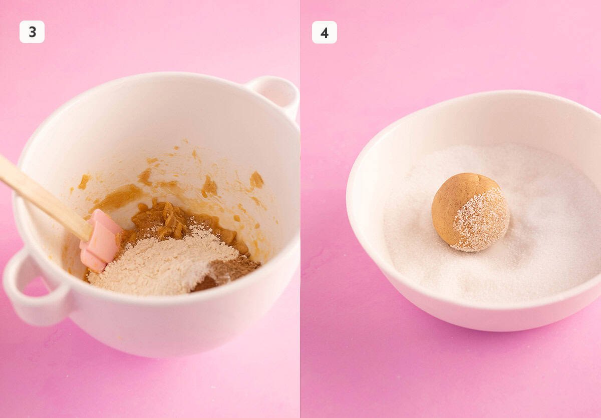 Side by side photos show cookie dough and cookie dough balls rolled in sugar.