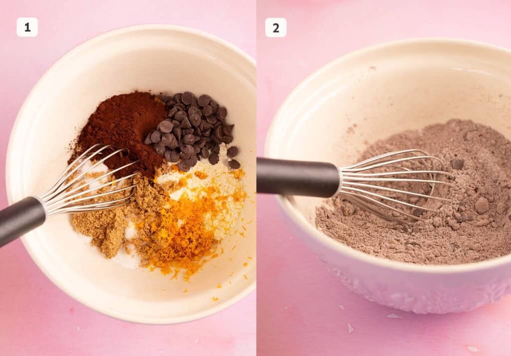 A mixing bowl with dry ingredients and a whisk.
