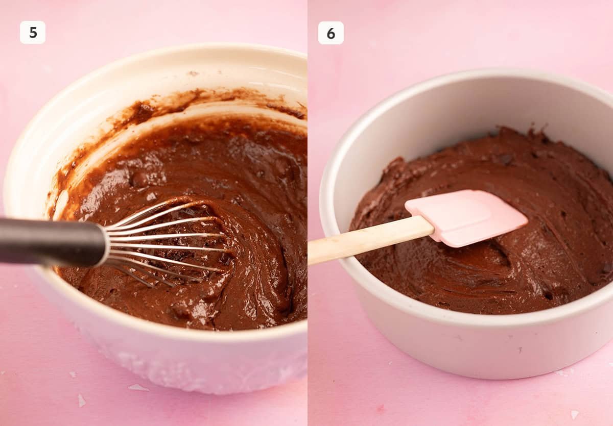 A large mixing bowl with chocolate cake batter.
