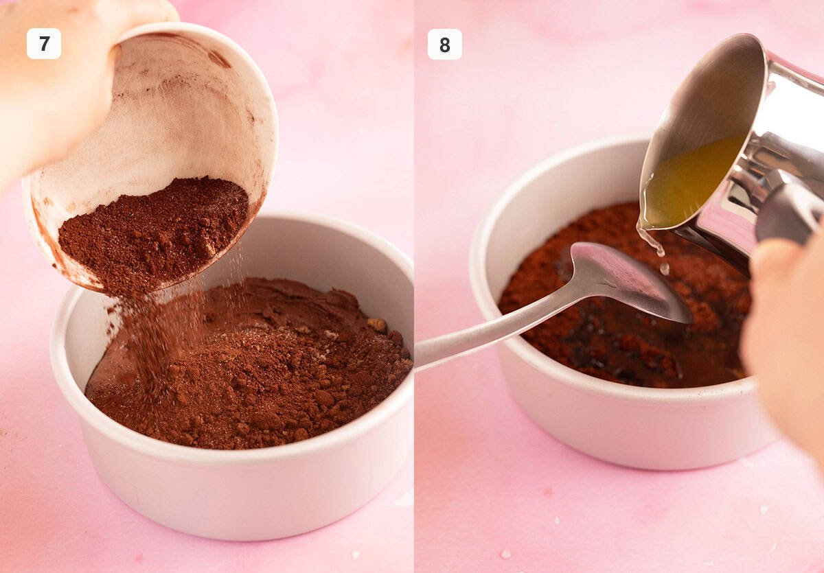 Pouring water over a chocolate pudding with a large spoon.