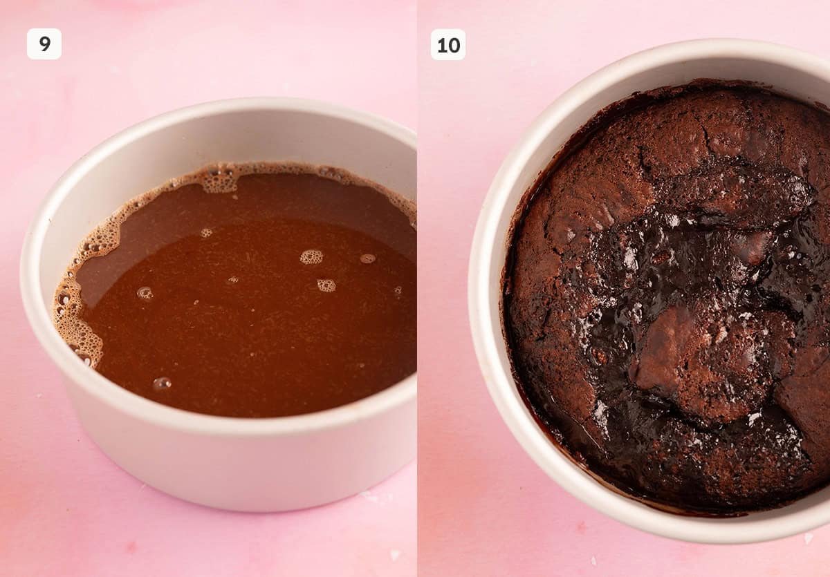 Before and after chocolate self-saucing pudding being baked.