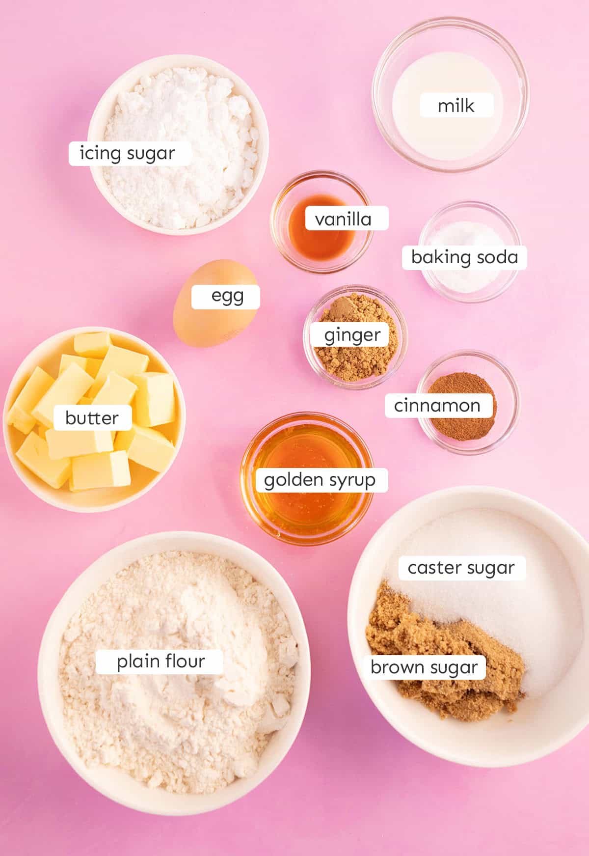 All the ingredients needed to make soft and ginger cookies from scratch.